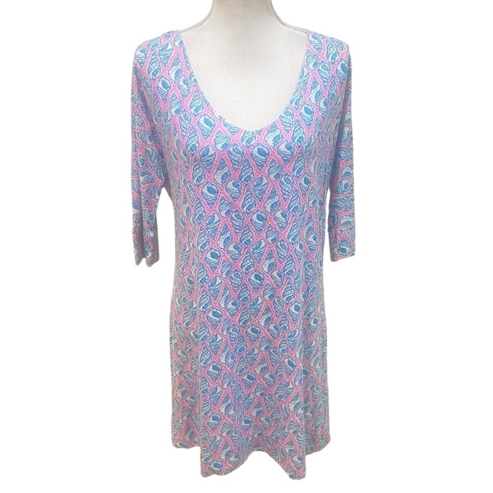 Lilly Pulitzer Eliza cosmo pink/blue shells print v neck 3/4 sleeve dress medium